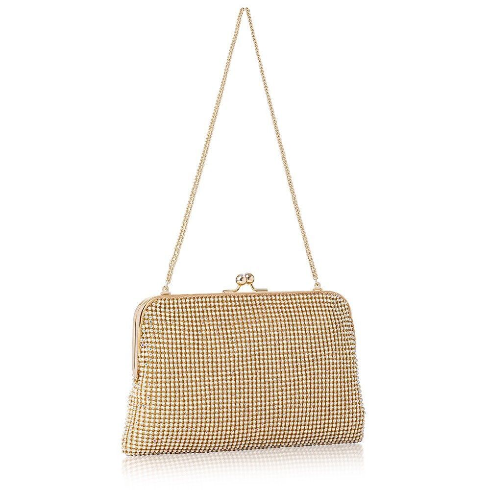 NEW WHITING & DAVIS GOLD Dimple Mesh Metal Crystal Clutch Evening Bag With Chain